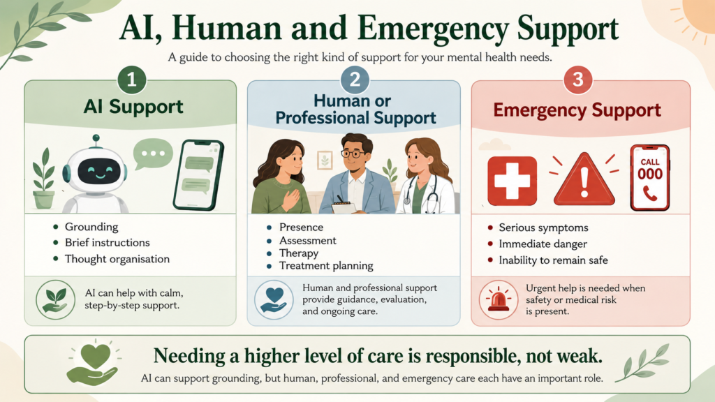 Guide comparing AI panic support with human, professional, and emergency care