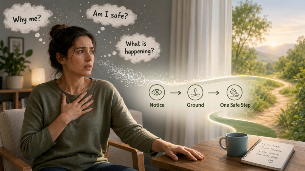 Person using an AI prompt for panic attack support while grounding through breath, touch, and one safe next step