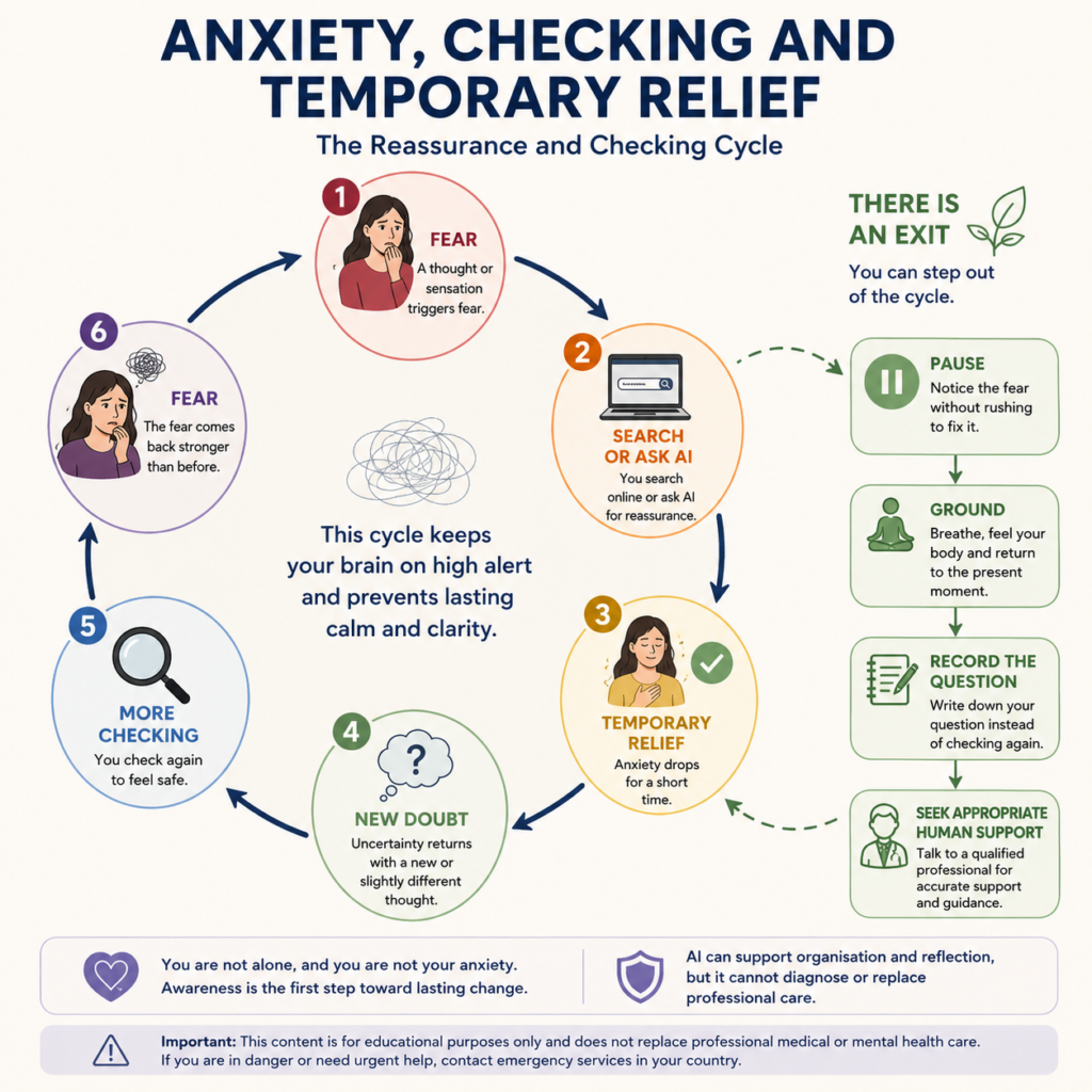 Diagram showing anxiety leading to repeated checking, temporary relief and renewed doubt