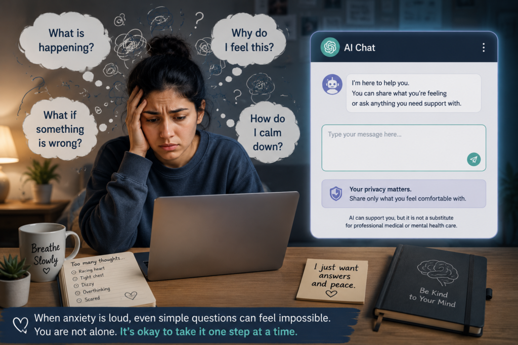 Person feeling anxious and overwhelmed while trying to type a question into an AI chat
