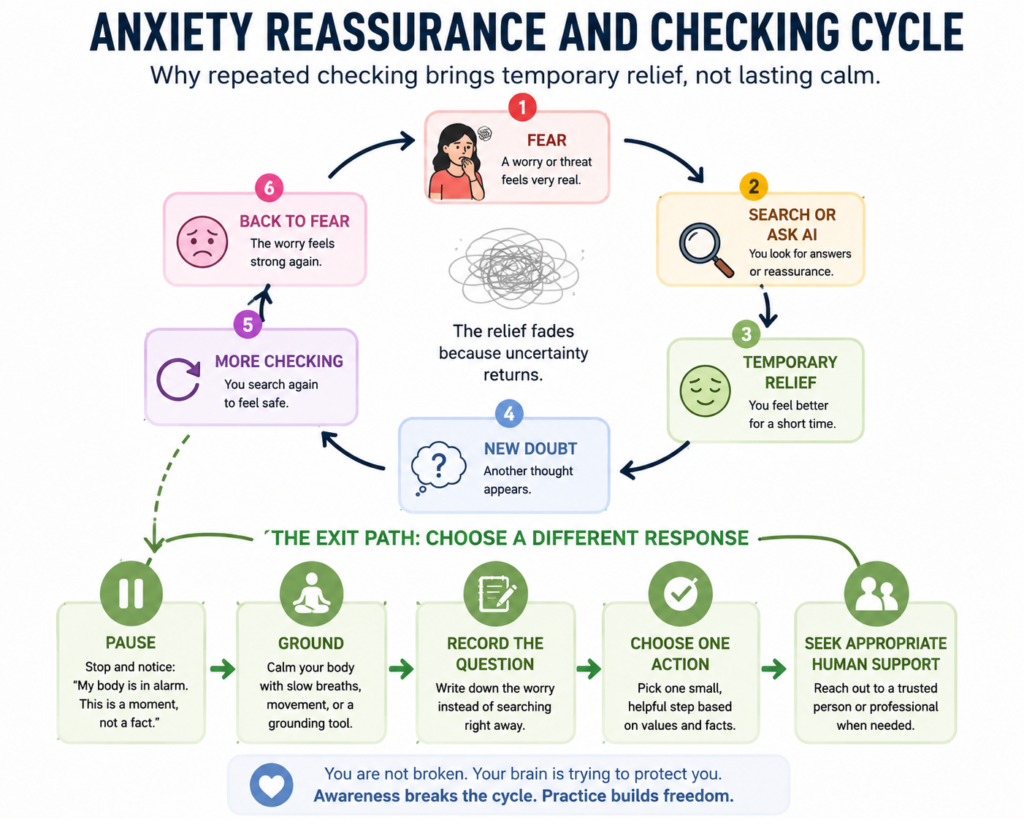 Diagram showing reassurance-seeking anxiety and the anxiety reassurance and checking cycle, including repeated checking, temporary relief, new doubt, and a grounded exit path