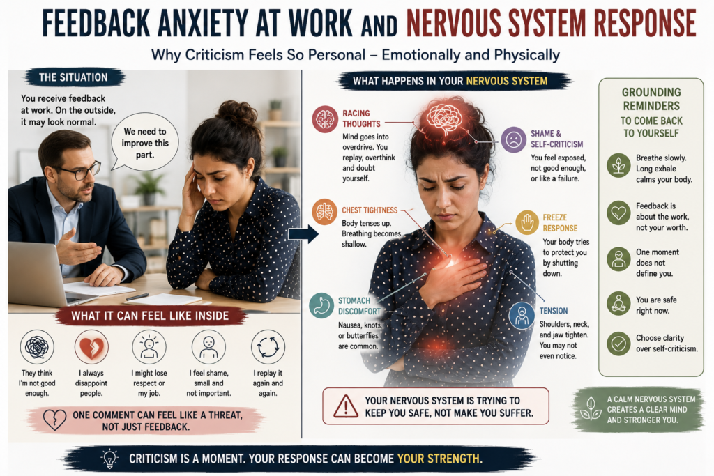 Feedback anxiety at work showing nervous system reaction after criticism.