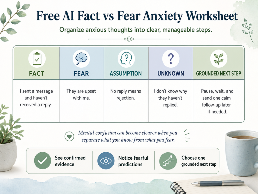 Fact vs fear worksheet for separating facts from anxious thoughts and assumptions