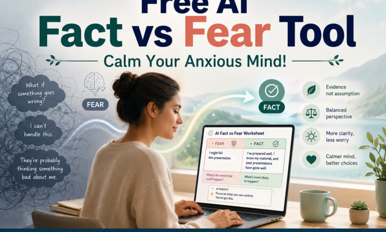 Free AI Fact vs Fear Tool helping users separate anxious thoughts from evidence, reduce fear and calm an anxious mind