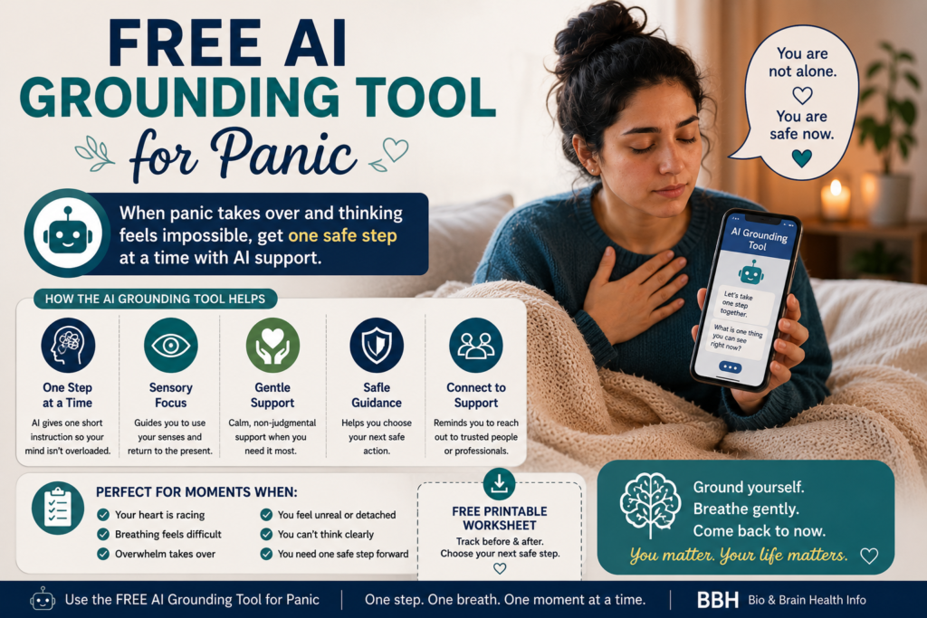 Free AI grounding tool for panic offering one safe step, sensory focus, and support guidance