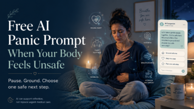 Woman experiencing panic symptoms while using a calming AI prompt to pause, ground, and choose one safe next step