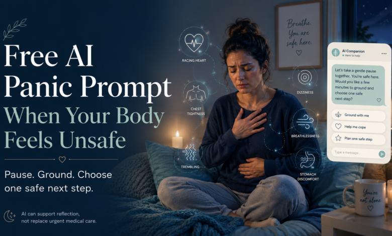 Woman experiencing panic symptoms while using a calming AI prompt to pause, ground, and choose one safe next step