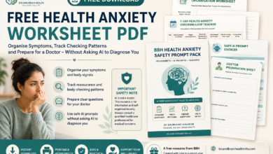 Free health anxiety worksheet PDF with symptom tracker, checking-loop worksheet, safe AI prompts and doctor preparation sheet
