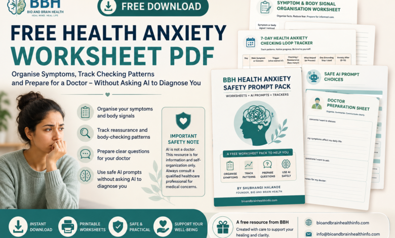 Free health anxiety worksheet PDF with symptom tracker, checking-loop worksheet, safe AI prompts and doctor preparation sheet