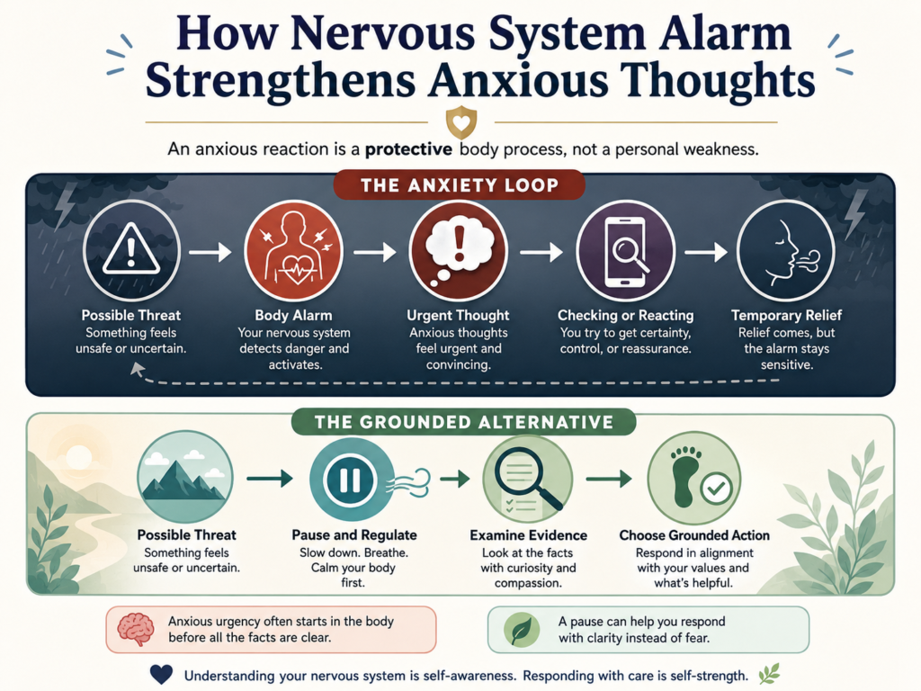Diagram showing body alarm, anxious thoughts, checking behaviour and a grounded alternative