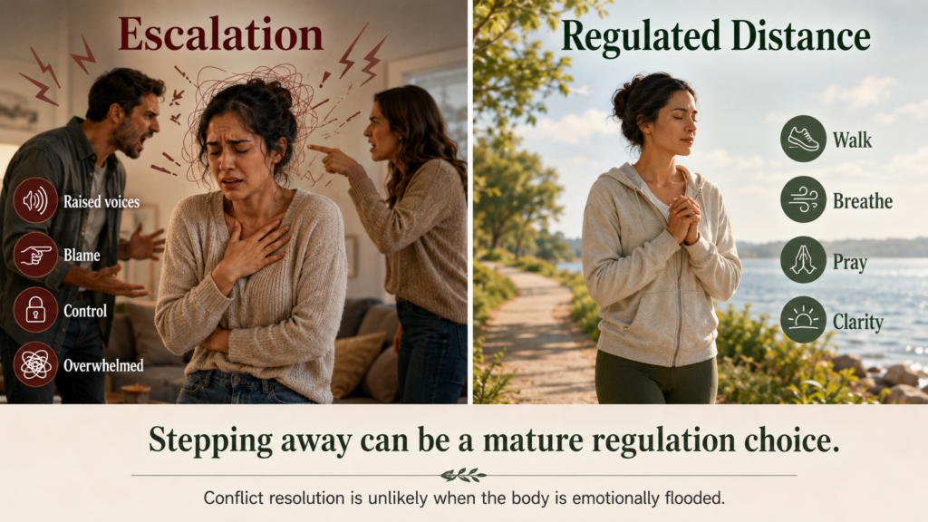 Person stepping away from raised voices to calm a panic attack and regain emotional balance