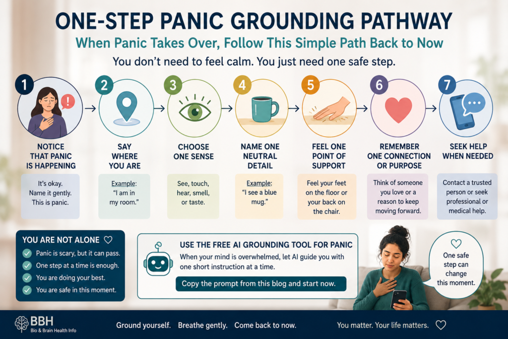 One-step panic grounding pathway using sensory support and a free AI grounding tool