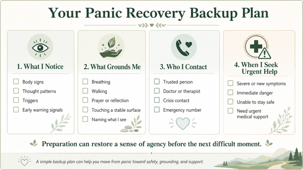 Printable panic recovery plan with grounding steps, trusted contacts and emergency guidance