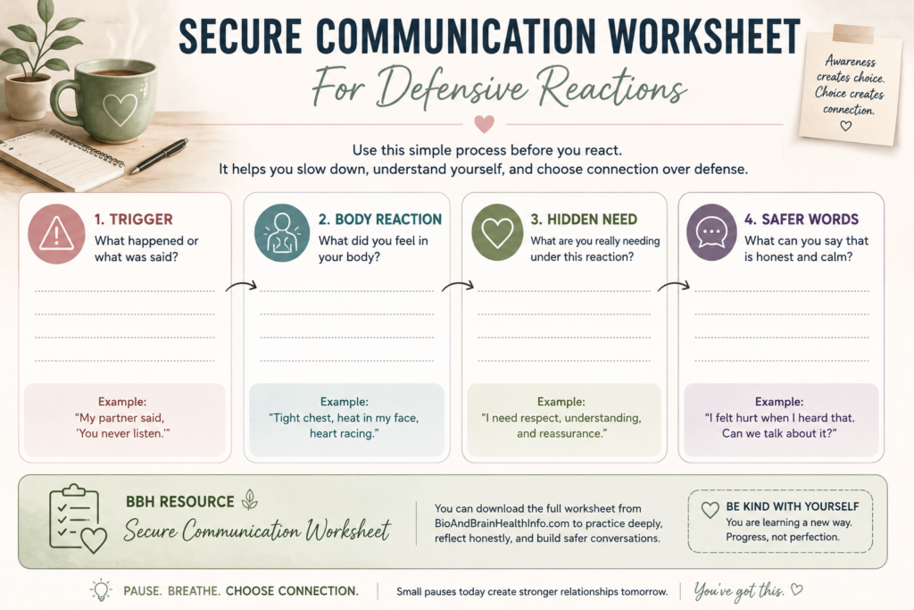 Secure communication worksheet for understanding triggers, body reactions, hidden needs, and safer words.