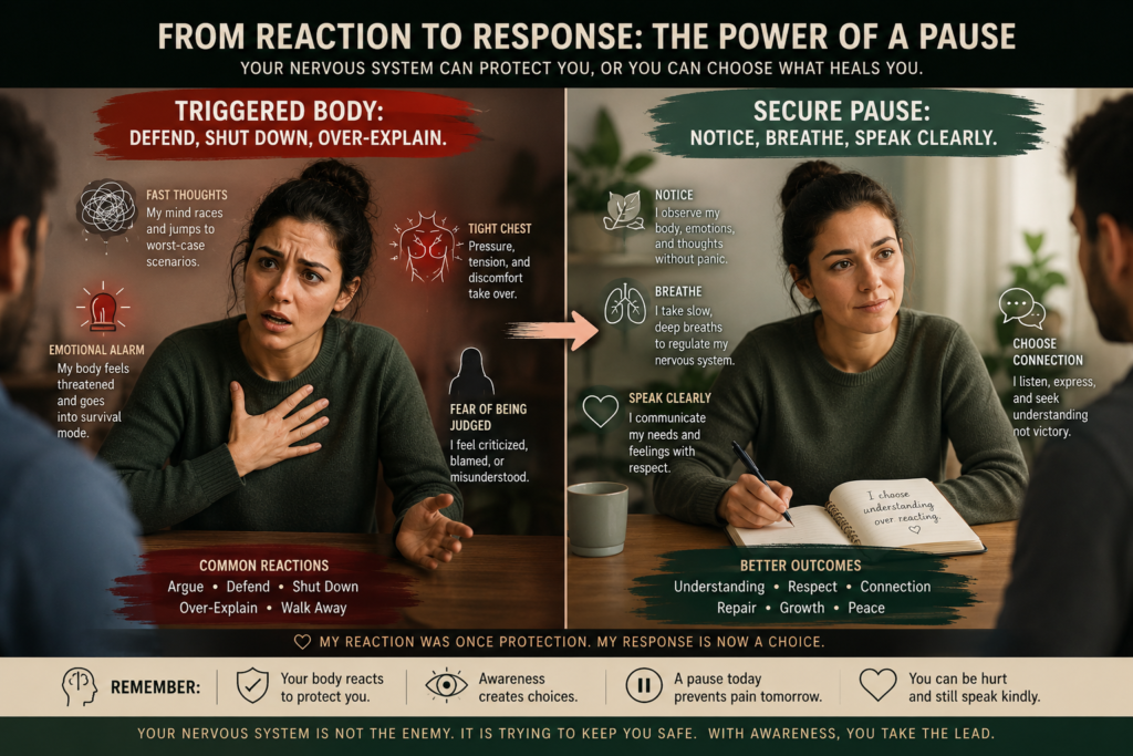 Emotional triggers can push the body into defense, shutdown, or over-explaining. Secure communication begins with noticing, breathing, and speaking clearly.