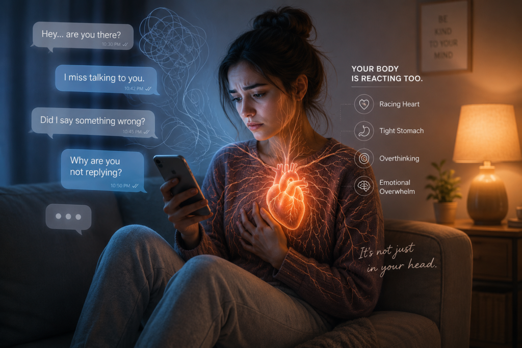 Person feeling texting anxiety and attachment pain while waiting for delayed replies