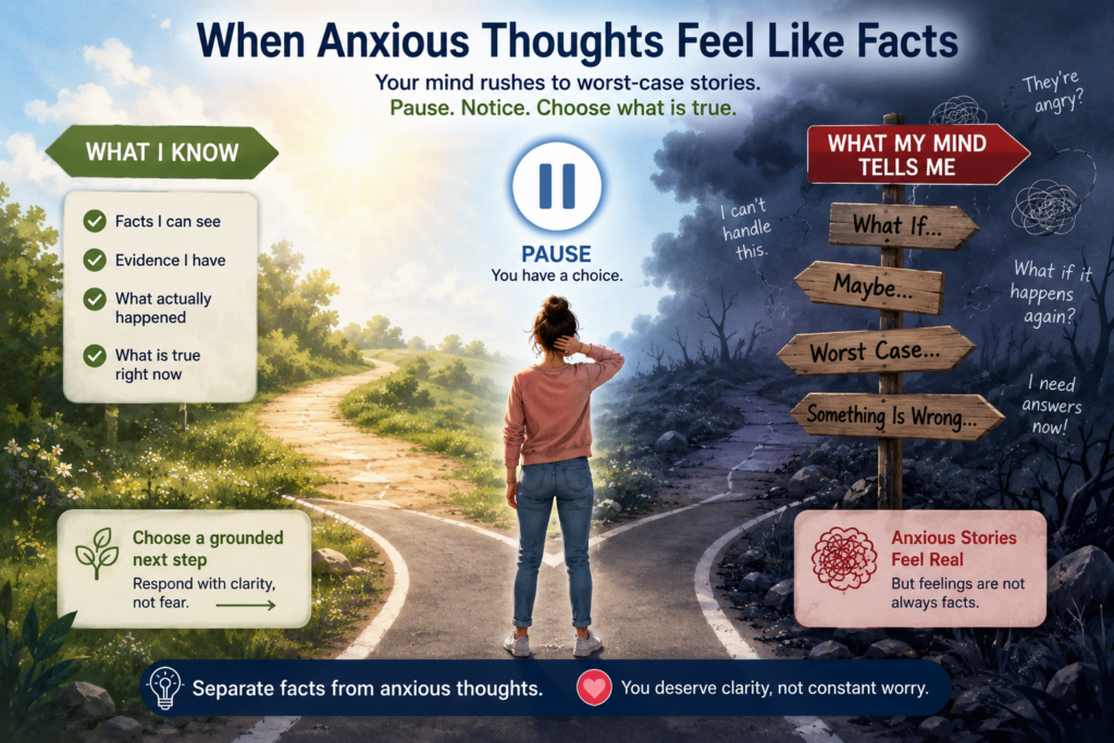Person at a crossroads learning to separate facts from anxious thoughts, fearful assumptions, and worst-case predictions