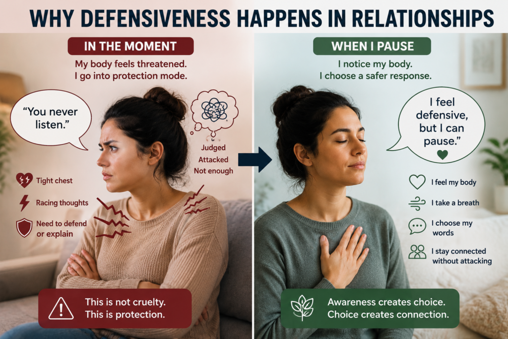 A person feeling judged and defensive in a relationship while learning to pause before reacting.