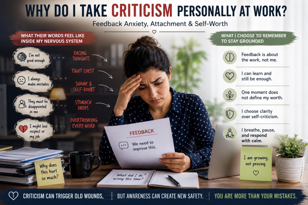 Person feeling feedback anxiety at work after taking criticism personally.