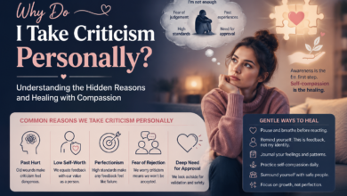 Woman reflecting on why criticism feels personal, with visual cues for past hurt, perfectionism, fear of rejection, and low self-worth