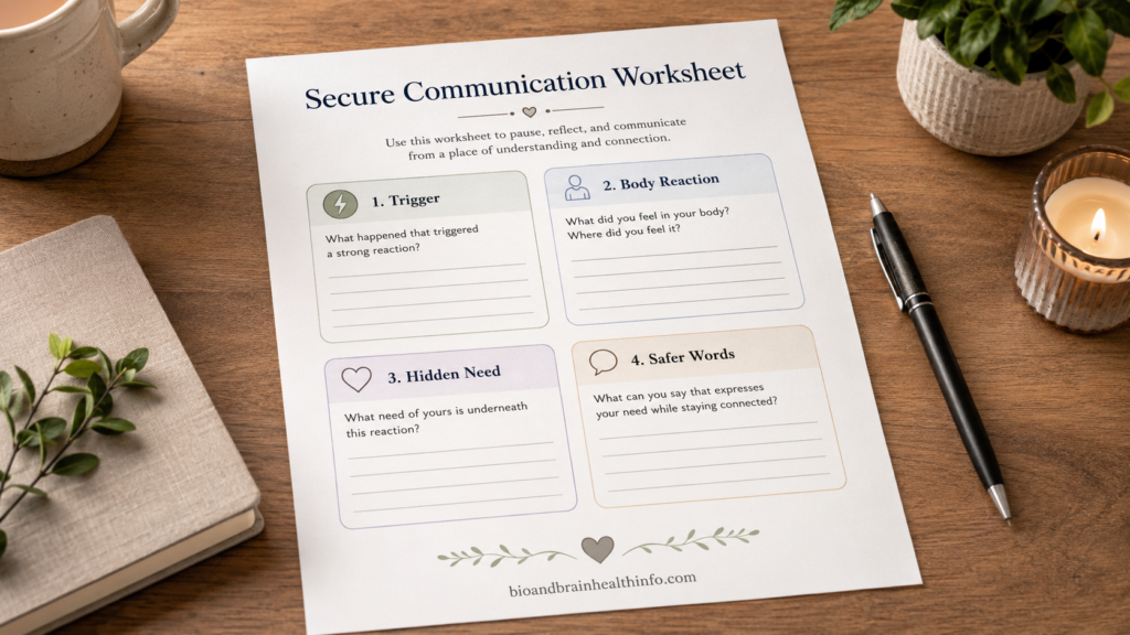 Worksheet preview with trigger, body reaction, hidden need and safer words