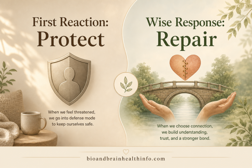 Text image showing first reaction protects and wise response repairs