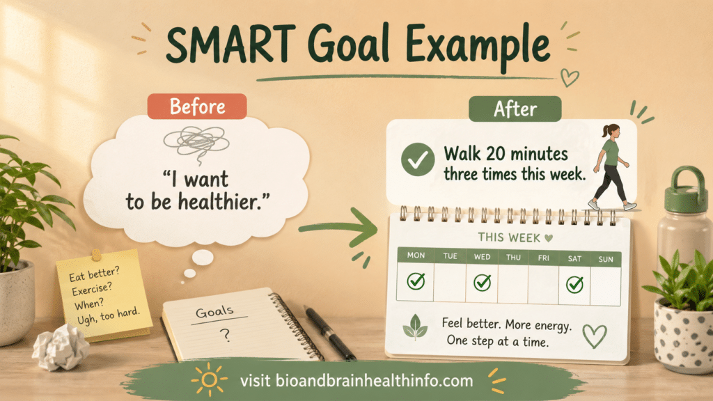 Before and after goal example changing a vague health goal into a weekly walking plan.