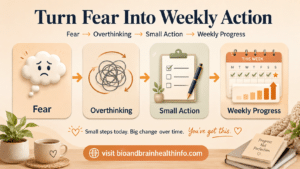 Four-step chart showing fear, overthinking, small action and weekly progress.