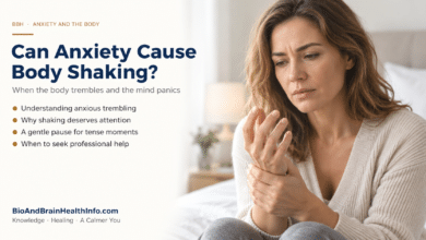 Can anxiety cause body shaking? Illustrated guide with a woman looking at her hand.