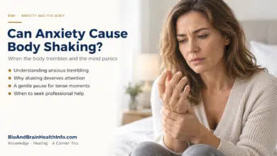 Can anxiety cause body shaking? Illustrated guide with a woman looking at her hand.