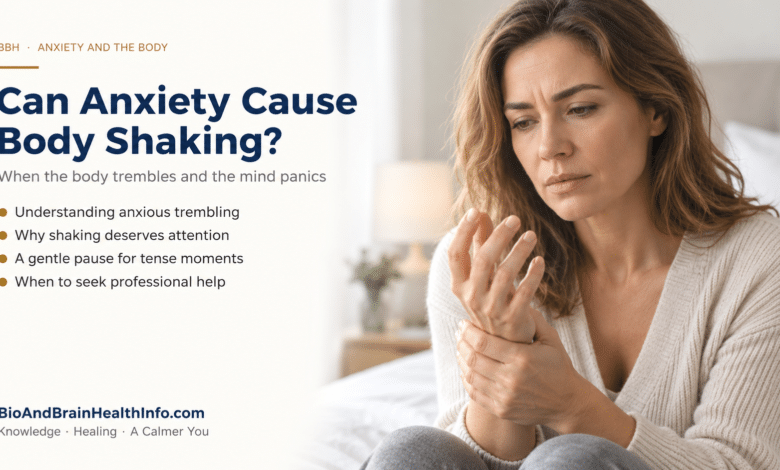 Can anxiety cause body shaking? Illustrated guide with a woman looking at her hand.