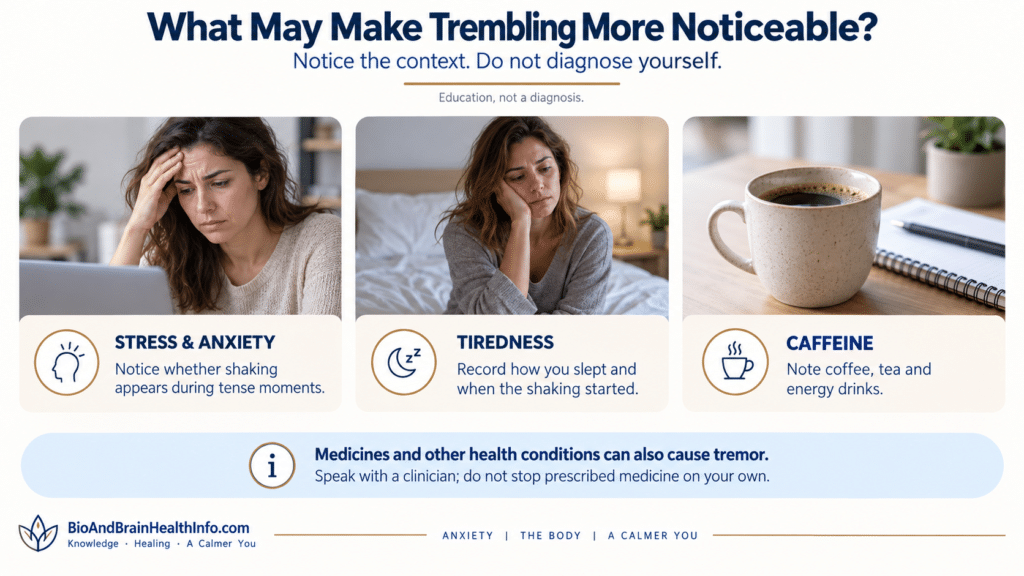 Three panels showing stress at a laptop, tiredness in bed, and a cup of coffee