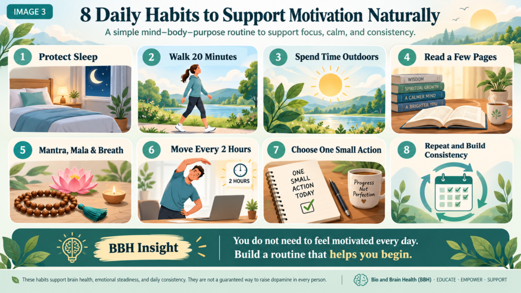 Infographic showing eight daily habits for motivation: sleep, walking, daylight, spiritual reading, mantra meditation, movement breaks, small actions, and consistency.