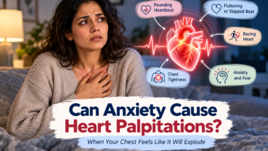 Woman holding her chest with anxiety-related heart palpitations, illustrating pounding, racing and fluttering heartbeat sensations