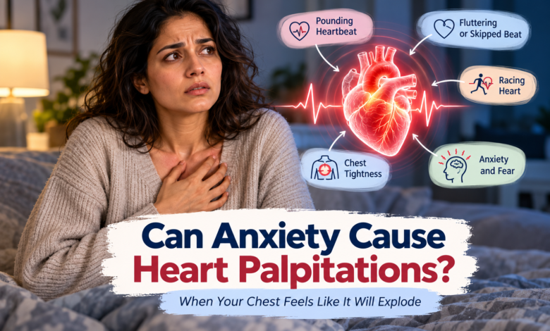 Woman holding her chest with anxiety-related heart palpitations, illustrating pounding, racing and fluttering heartbeat sensations