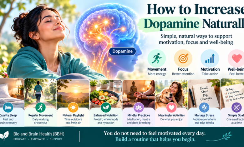 How to increase dopamine naturally infographic showing sleep, exercise, daylight, nutrition, meditation, enjoyable activities, stress management, and small goals.