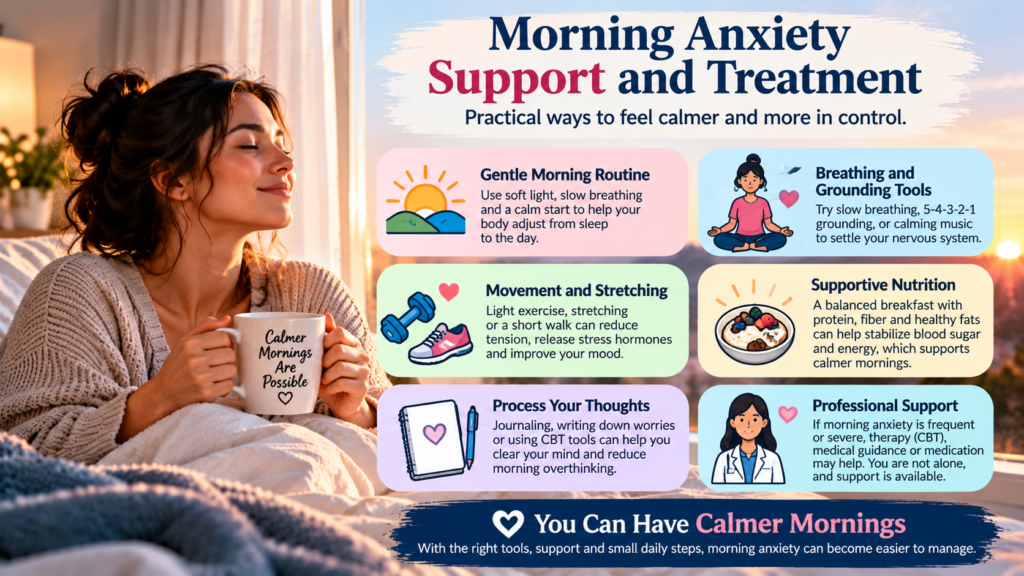 Infographic showing practical support for morning anxiety including grounding, movement, nutrition, journaling and professional help