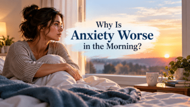 Woman sitting in bed at sunrise experiencing morning anxiety and worrying about the day ahead