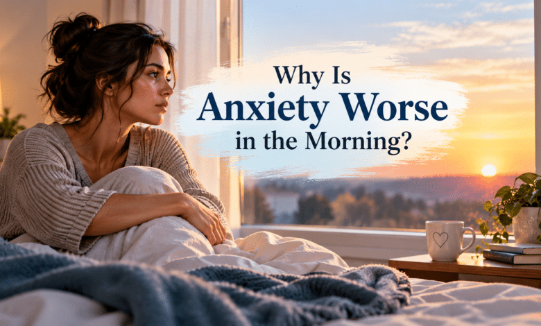 Woman sitting in bed at sunrise experiencing morning anxiety and worrying about the day ahead