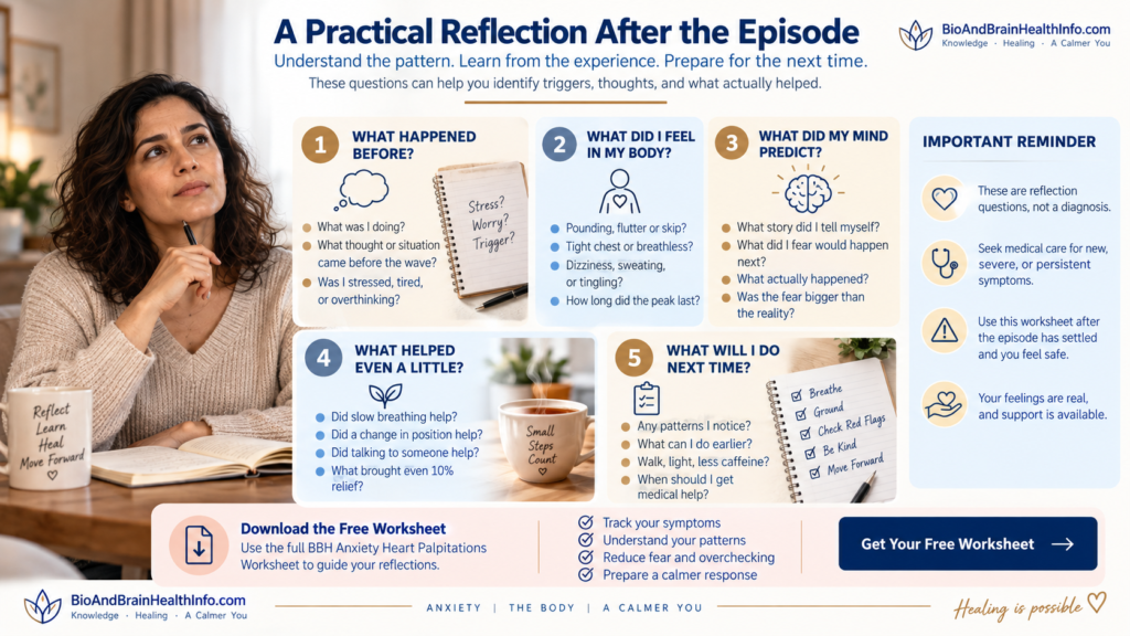 Five reflection questions to understand anxiety heart palpitations, body sensations, fearful thoughts and helpful coping responses