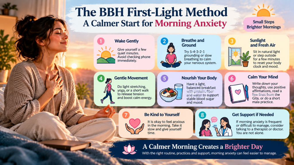 Infographic showing the BBH First-Light Method with gentle waking, grounding, sunlight, movement, nutrition, calming thoughts and support for morning anxiety