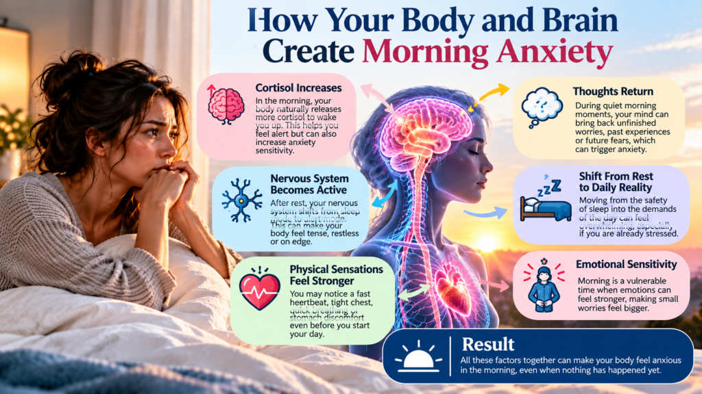 Infographic showing how the brain, nervous system, physical sensations, returning thoughts and morning alertness can contribute to morning anxiety