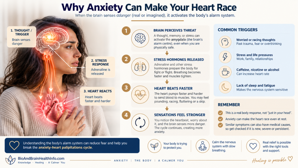 Infographic showing how the brain's threat response and adrenaline can increase heart rate during anxiety