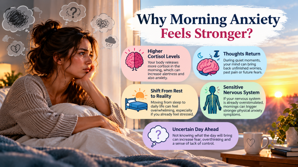 Woman waking with morning anxiety beside an infographic explaining alertness, returning thoughts, nervous system sensitivity and uncertainty about the day