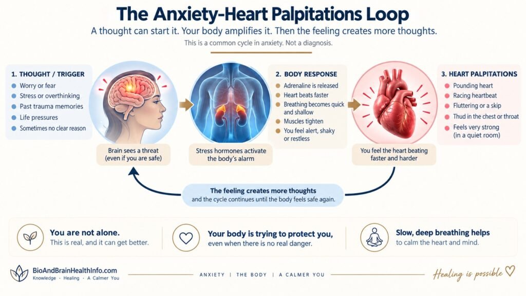 Diagram showing how anxious thoughts trigger the body's stress response, increase heartbeat awareness, and create a cycle of fear and heart palpitations.