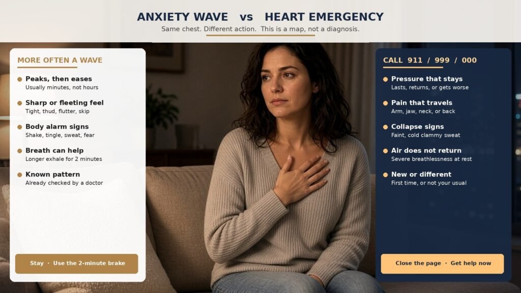 Woman holding her chest beside a comparison of anxiety sensations and possible heart emergency warning signs