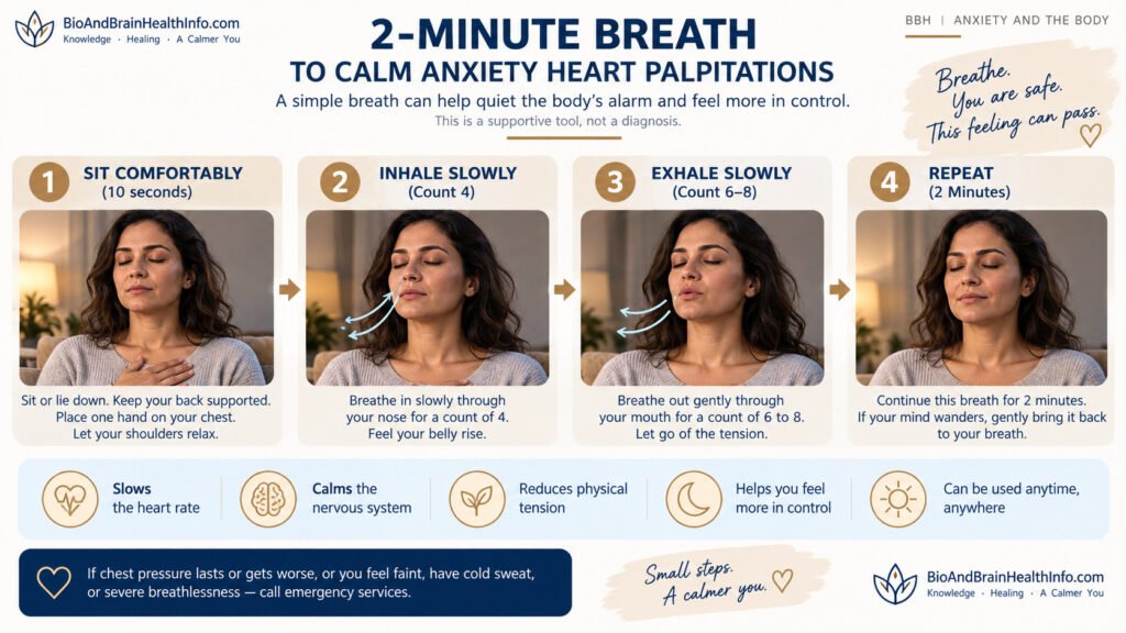 Four-step breathing exercise for anxiety heart palpitations showing a comfortable sitting position, a four-count inhale, a six-to-eight-count exhale, and two minutes of gentle breathing. Copy
